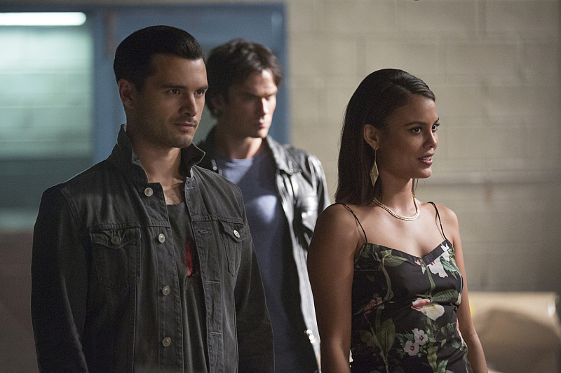 The Vampire Diaries -- "You Decided That I Was Worth Saving" --Image Number: VD803a_0356.jpg -- Pictured (L-R): Michael Malarkey as Enzo, Ian Somerhalder as Damon and Nathalie Kelley as Sybil -- Photo: Bob Mahoney/The CW -- ÃÂ© 2016 The CW Network, LLC. All rights reserved.